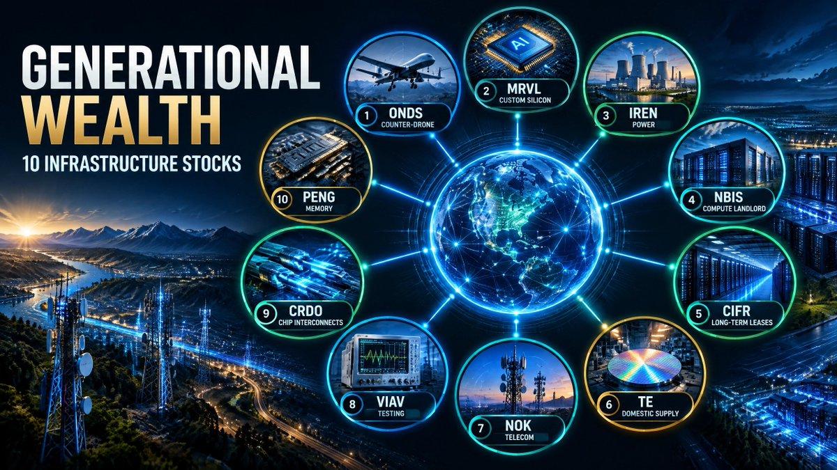DaDuchessx's tweet photo. These 10 stocks are positioned around some of the market’s most important long-term bottlenecks:

$ONDS — Counter-drone systems

$MRVL — Custom AI silicon

$IREN — Power and AI data centers

$NBIS — AI cloud compute

$CIFR — Long-term infrastructure capacity

$TE — Domestic supply-chain exposure

$NOK — Global network infrastructure

$VIAV — Testing and measurement

$CRDO — High-speed chip connectivity

$PENG — Memory infrastructure

Not every name will win.

But AI spending is moving beyond GPUs—into power, networking, data centers, testing, and memory.

That is where the next opportunities may be hiding.

Like + Follow + RT if this was useful.

Not financial advice. DYOR.