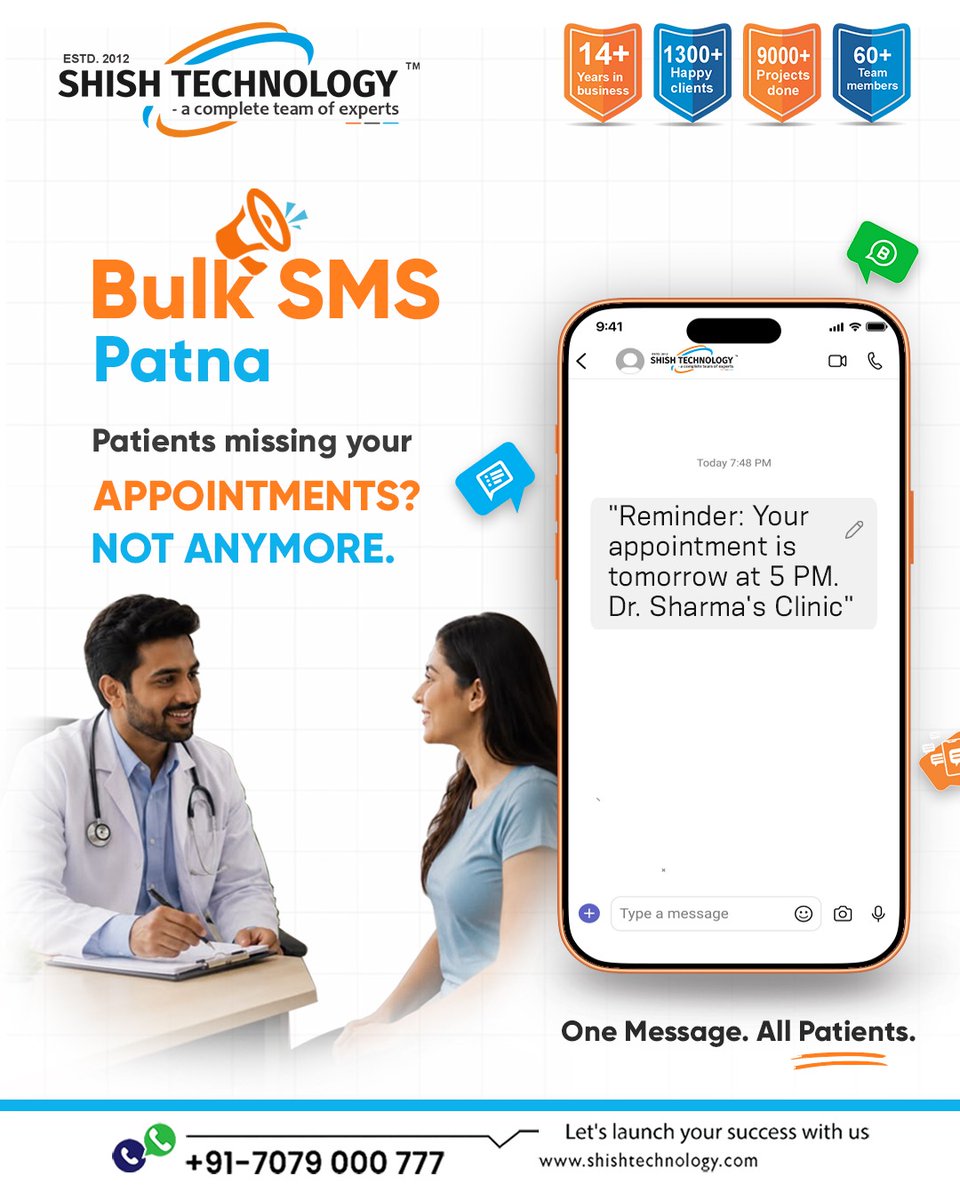 ShishTechnology's tweet photo. Patients Missing Your Appointments? Not Anymore!

Keep your clinic schedule running seamlessly with automated SMS reminders. With Bulk SMS Patna by Shish Technology, you can reach all your patients instantly—ensuring one message covers everyone, every time. https://t.co/rkDGiglRvj
