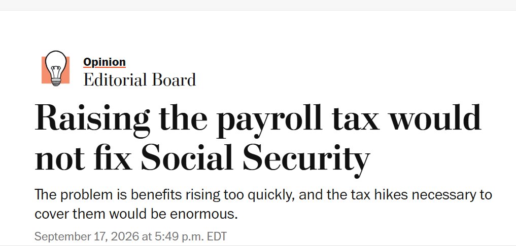 Brendan_Duke's tweet photo. This is egregiously wrong--it's trying to pass off a values choice as a mathematical certainty.

You absolutely can fix Social Security's shortfall w/ payroll tax increases alone. Whether you *should* is something people w/ different values can debate, but the headline is false. https://t.co/lNVRvDrNHN