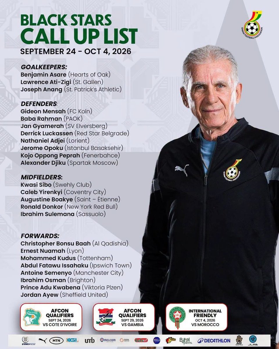 thetssshow's tweet photo. Ghana name 2027 AFCON Qualifiers squad.  

Kudus returns back to the team as Partey misses out. https://t.co/1g44GGD23e