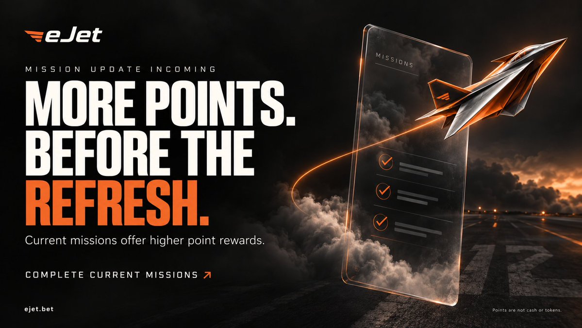 eJet_bet's tweet photo. A smoother flight is coming. ✈️

We’re improving eJet’s controls, graphics and mobile UI.

Next up: a mission refresh. Complete the current tasks while they offer our highest point rewards—future tasks will award fewer points.

Explore → https://t.co/2HiWnZhrQ3 https://t.co/2CtOpVQ6jC