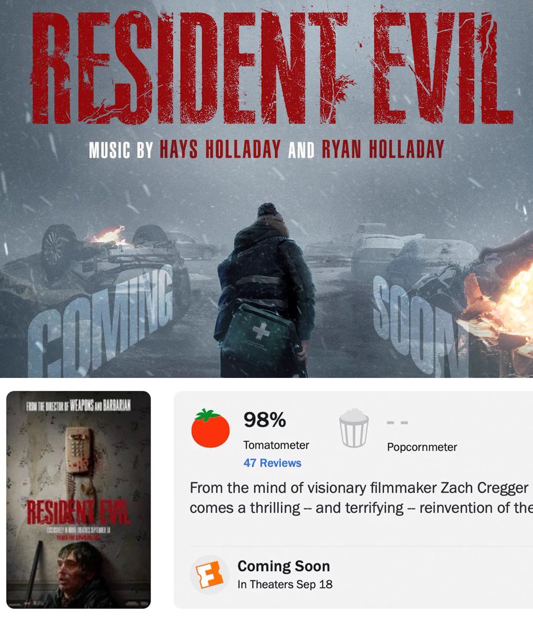 DailyLoud's tweet photo. Zach Cregger's new “Resident Evil” movie has debuted with an elite 96% to 98% score on Rotten Tomatoes.

Making it officially the highest-rated video game adaptation of all time! https://t.co/TCBJpJlNlg