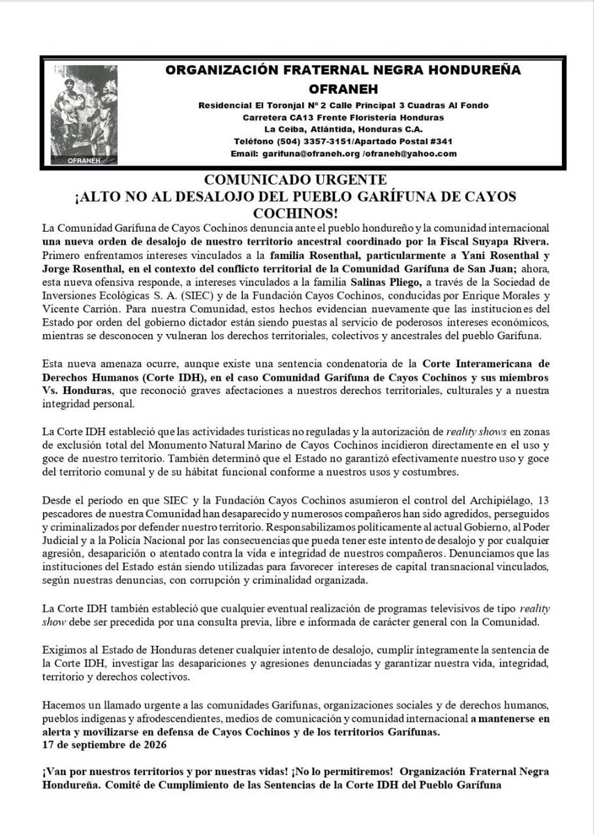 ofraneh's tweet photo. Comunicado Urgente

No al desalojo del pueblo Garifuna de Cayos Cochinos. https://t.co/XB0Y4ZzPo5