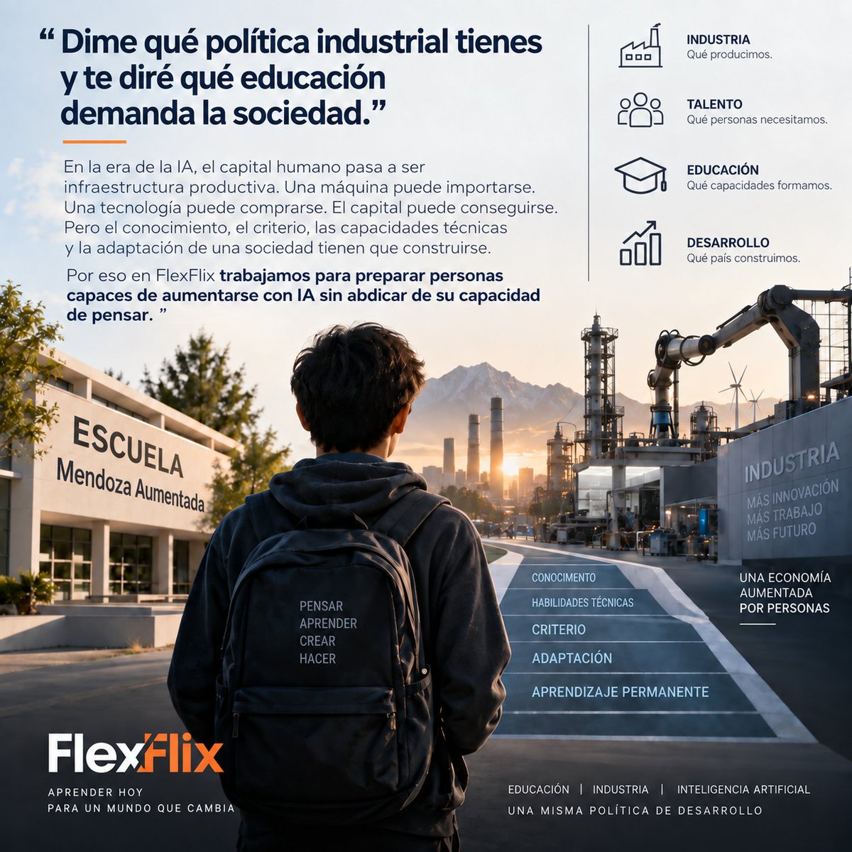 P_Aristizabal's tweet photo. En mis conferencias digo:

“Dime qué política industrial tienes y te diré qué educación demanda la sociedad.”

En la era de la IA esto se vuelve todavía más evidente: el capital humano pasa a ser infraestructura productiva.

Una máquina puede importarse. Una tecnología puede comprarse. El capital puede conseguirse. Pero el conocimiento, el criterio, las capacidades técnicas y la capacidad de adaptación de una sociedad tienen que construirse.

Eso es lo que estamos haciendo en #MendozaAumentada: llevar inteligencia artificial al currículo, mediada por el docente, para que estudiantes de secundaria aprendan Matemática, Lengua y Ciencias mientras desarrollan pensamiento, resolución de problemas y nuevas capacidades para operar con IA. El programa ya a hoy se implementa en + de 150 escuelas secundarias y alcanza a decenas de miles de estudiantes.

No se trata simplemente de “poner #IA en las escuelas”. Se trata de empezar a construir hoy las capacidades humanas que Mendoza necesitará mañana.

Porque educación, industria e inteligencia artificial ya no son políticas separadas.

Son una misma política de desarrollo.

Y esa es también la misión de @FlexFlixAI : preparar personas capaces de aumentarse con IA sin abdicar de su capacidad de pensar.
@TadeoGZ @MRappallini @UIAok @MzaDGE