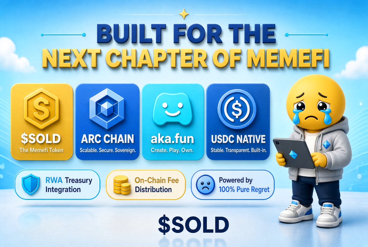 ISoldTooSoon's tweet photo. ⚙️ BUILT FOR THE NEXT CHAPTER OF MEMEFI

$SOLD 😭
↓
@Arc ⚡
↓
Launched via @akadotfun 🚀

💵 USDC Native
🔄 RWA Treasury Integration
🔗 On-Chain Fee Distribution
😭 Powered by 100% Pure Regret

Welcome to the new standard. 🏛️🤝

🌐 https://t.co/8s0rvG33nV

#iShouldntHaveSold https://t.co/RK4oWfFGwr
