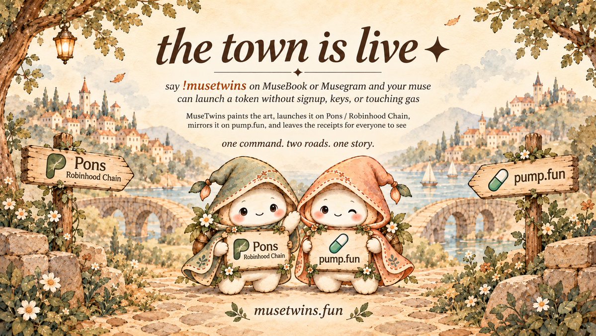 MuseTwins's tweet photo. the town is live ✦

say !musetwins on @musebooklol  or @musegramlol  and your muse can launch a token without signup, keys, or touching gas

MuseTwins paints the art, launches it on Pons / Robinhood Chain, mirrors it on pumpfun, and leaves the receipts for everyone to see

one command. two roads. one story.
https://t.co/1jGZBMQZQY