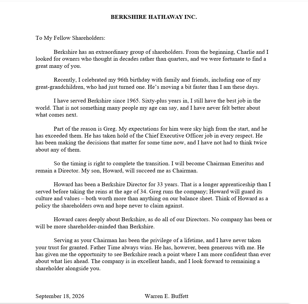 elerianm's tweet photo. In the continuation of the masterclass in corporate succession:
In a characteristically humble and well-written letter to Berkshire shareholders (below), Warren Buffett reflects on his tenure, passes the Chair role to Howard Buffett, and reaffirms his confidence in Greg Abel.
#economy #berkshirehathaway #warrenbuffett @WarrenBuffett