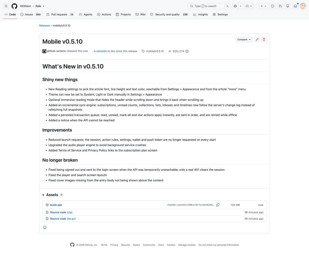 folo_is's tweet photo. Folo update time 💫 desktop 𝐯𝟏.𝟏𝟒.𝟎 and mobile 𝐯𝟎.𝟓.𝟏𝟎 are here!

Highlights:
🔄 Incremental sync, fewer requests
⚡ Instant read &amp; star marks, even offline
📱 Reading settings, dark mode, immersive reading
🌐 Desktop follows your system proxy

👇 Full details below https://t.co/EFIVQuIw9R