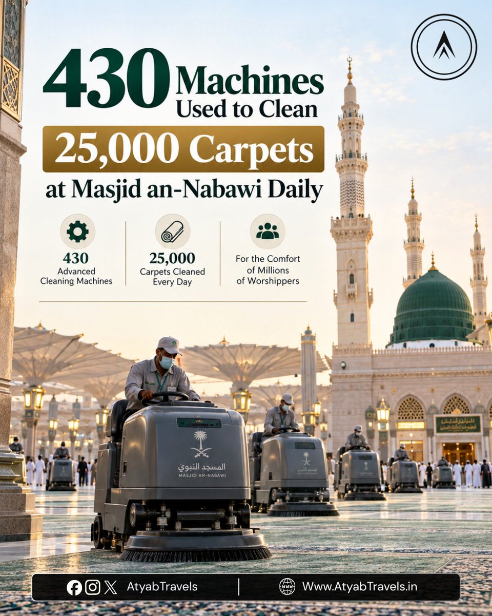 AtyabTravels's tweet photo. 𝗠𝗮𝘀𝗷𝗶𝗱 𝗮𝗻-𝗡𝗮𝗯𝗮𝘄𝗶’𝘀 𝟮𝟱,𝟬𝟬𝟬 𝗖𝗮𝗿𝗽𝗲𝘁𝘀 🕌🇸🇦

400+ carpets washed and 70+ inspected daily to maintain a clean, comfortable space for worshippers. 🤍

Source: The Islamic Information

#MasjidAnNabawi #Madinah #Umrah https://t.co/SZAzJTIFzA