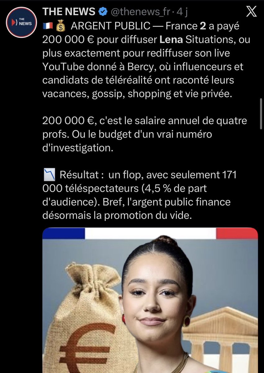conte31251's tweet photo. @ActuFoot_ France TV doit faire des économies en vendant le patrimoine historique français pour acheter les merdes de Lena Situations avec notre argent… https://t.co/sT7uEWieqW