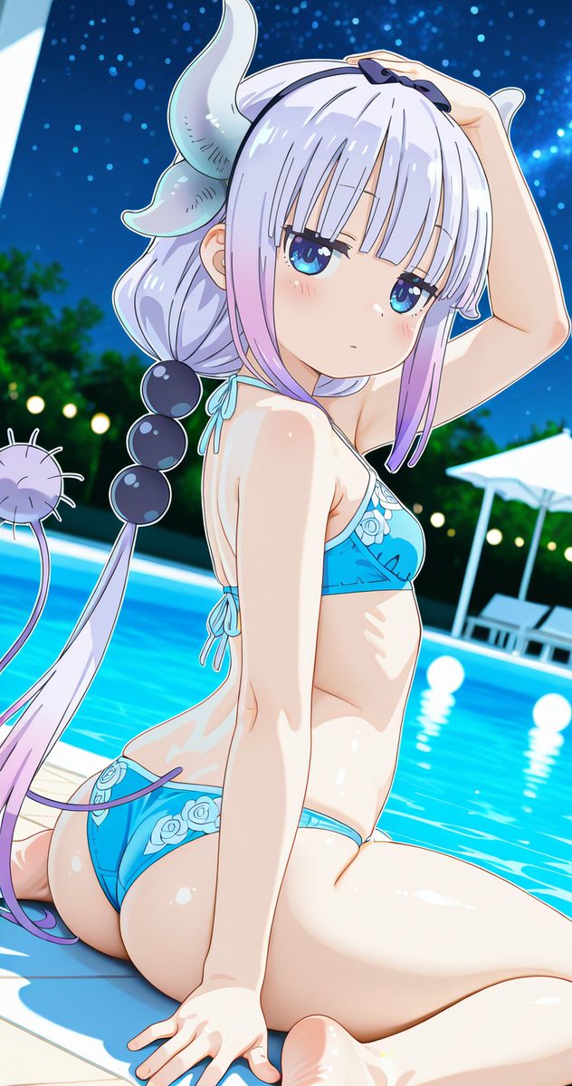 vircraft's tweet photo. メイ土曜日なのでおやす水着ガールはカンナちゃん！
今日も一日おつかれさまでした！
お休みなさいませ！良い夢を～🌙⭐️✨

#小林カンナ / Kanna Kamui / 小林さんちのメイドラゴン
SFW anime-style AI fanart. https://t.co/V0t7P5roLb