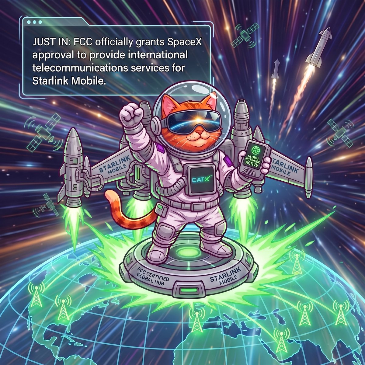 TheCosmoCatX's tweet photo. Seamless global internet is officially here. The ultimate setup for $CATX to take over the galaxy. LFG. 😺🚀 https://t.co/7TNnvCq2Pj