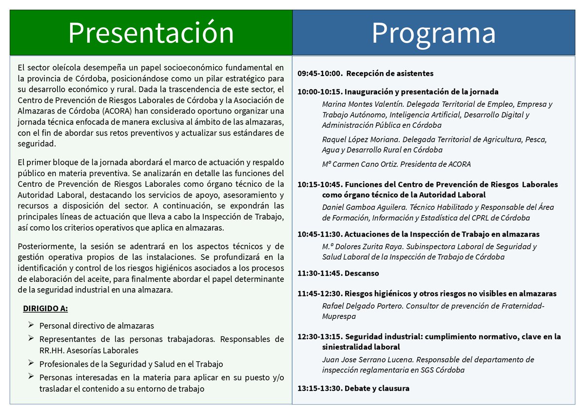 ACORACORDOBA's tweet photo. Acora junto con el Centro de Prevención de Riesgos Laborales de Córdoba ha organizado una Jornada Técnica sobre “SEGURIDAD Y SALUD LABORAL EN ALMAZARAS”. https://t.co/fewyvbuEBC