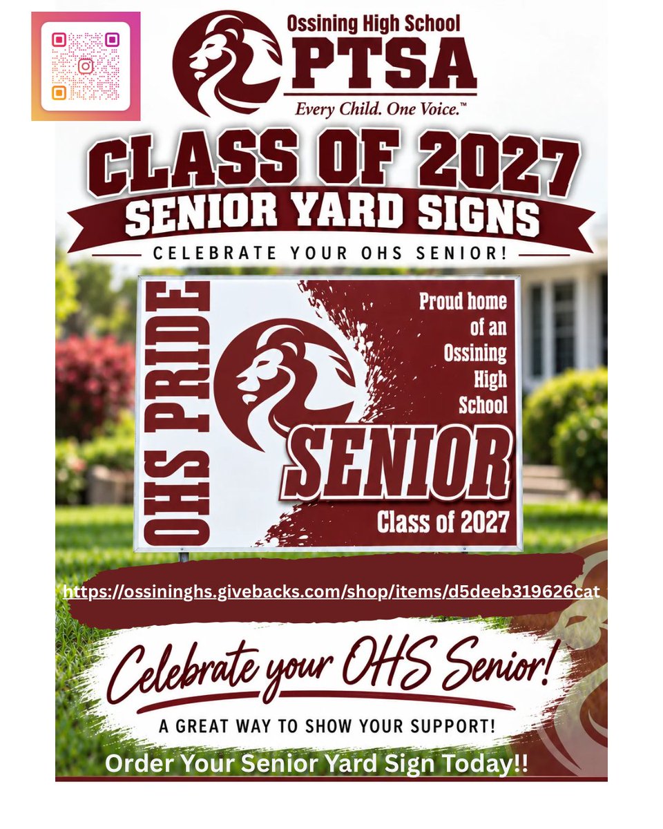 OssiningSchools's tweet photo. Celebrate Your OHS Senior! 🎓
The OHS PTSA is selling Senior Lawn Signs to celebrate the Class of 2027!
📣 Order your senior lawn sign today- https://t.co/kYJB1ZbjB6 #opride https://t.co/yqQtkY09Ix
