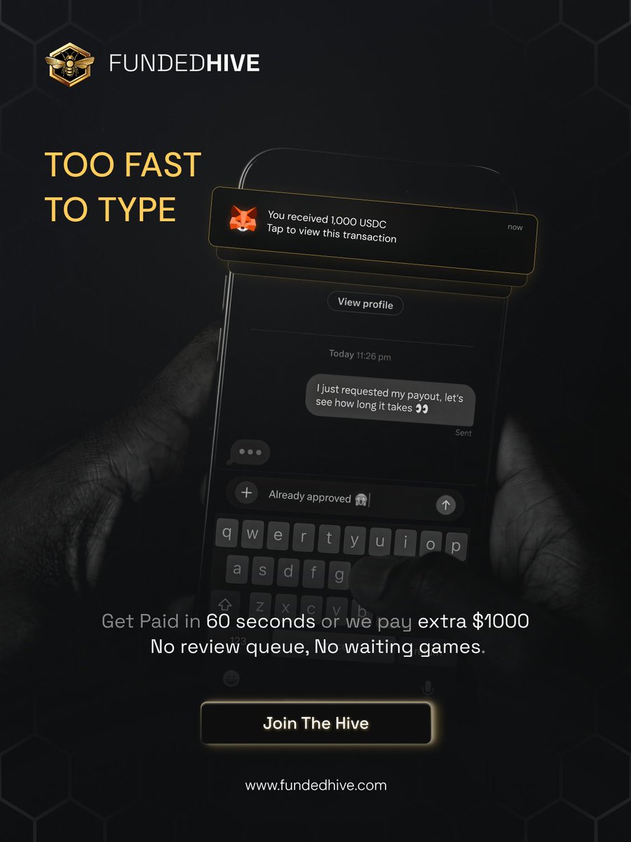 FundedHive's tweet photo. 🚨🐝 TOO FAST TO TYPE.

You request your payout… and before you can even finish typing, it’s already approved. 💸⚡

At FundedHive, payouts are built to move fast. Get paid in 60 seconds or we pay you an extra $1,000.

No long review queues.
No waiting games.
No wondering when your payout will arrive.

Just trade, request your payout, and get paid.

FundedHive is built around a simple idea: profitable traders should have fast and reliable access to their profits.

🐝 Daily Payouts
⚡ 60-Second Payout Guarantee
💰 Extra $1,000 if we miss the 60-second guarantee
📊 No Consistency Rules
🛡️ Static Drawdown
🌍 A-Book Trading Model
🔎 Transparent Payout System

You did the trading. You earned the profits. Getting paid shouldn’t be the difficult part.

👉 Join The Hive: https://t.co/lUojvmlStM