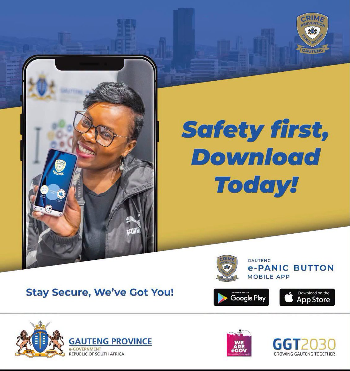 GautengeGov's tweet photo. 📢 GAUTENG, DOWNLOAD THE PANIC BUTTON APP TODAY📢
The Gauteng Panic Button App is readily available when you need help most.
Get it now from the Google Play Store or App Store. Don’t wait for an emergency.
Download it TODAY!
#GrowingGautengTogether
#creatingasafergauteng https://t.co/k2Poh5O28y