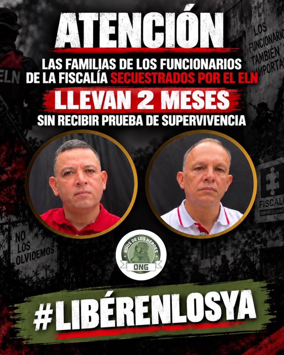 hijosheroescol's tweet photo. 🚨ATENCIÓN:

1. Las familias de los miembros de la Fuerza Pública secuestrados por las FARC llevan cuatro meses sin recibir pruebas de supervivencia.

2. Las familias de los dos funcionarios de la Fiscalía secuestrados por el ELN llevan dos meses.

¡LIBÉRENLOS YA! https://t.co/9BB3qqa718