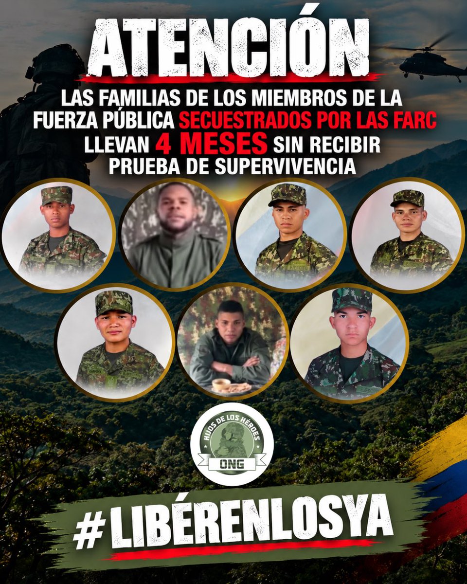 hijosheroescol's tweet photo. 🚨ATENCIÓN:

1. Las familias de los miembros de la Fuerza Pública secuestrados por las FARC llevan cuatro meses sin recibir pruebas de supervivencia.

2. Las familias de los dos funcionarios de la Fiscalía secuestrados por el ELN llevan dos meses.

¡LIBÉRENLOS YA! https://t.co/9BB3qqa718