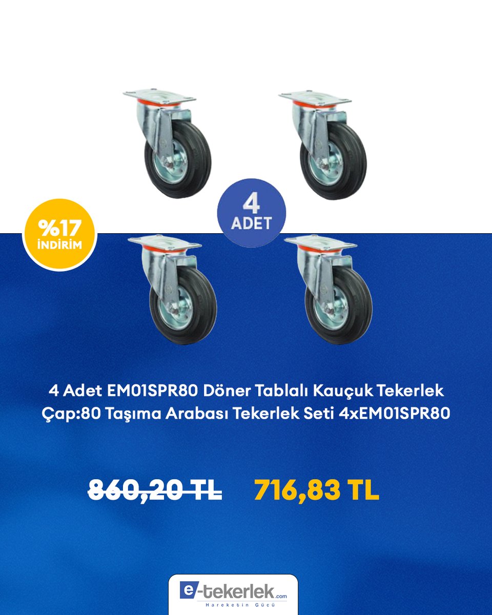 e_tekerlek's tweet photo. Hareketi Kolaylaştıran 4'lü Çözüm

80 mm kauçuk tekerleklerden oluşan 4'lü set, taşıma arabalarında kolay hareket ve dengeli kullanım için tasarlandı.

Detaylı inceleyin 👇
https://t.co/gRVplIkHK9

#KauçukTekerlek #TekerlekSeti #TaşımaArabası #SanayiTekerleği https://t.co/YseOVhAYvw