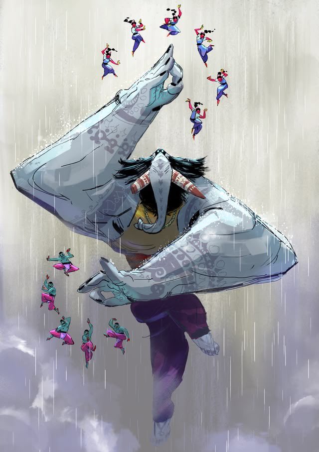 pmamtraveller's tweet photo. concept of a rainmaker deity resembling Ganesha with massive arms surrounded by small mortal dancers, created by artist Vincent Nghiem. https://t.co/YZn33QXHwv