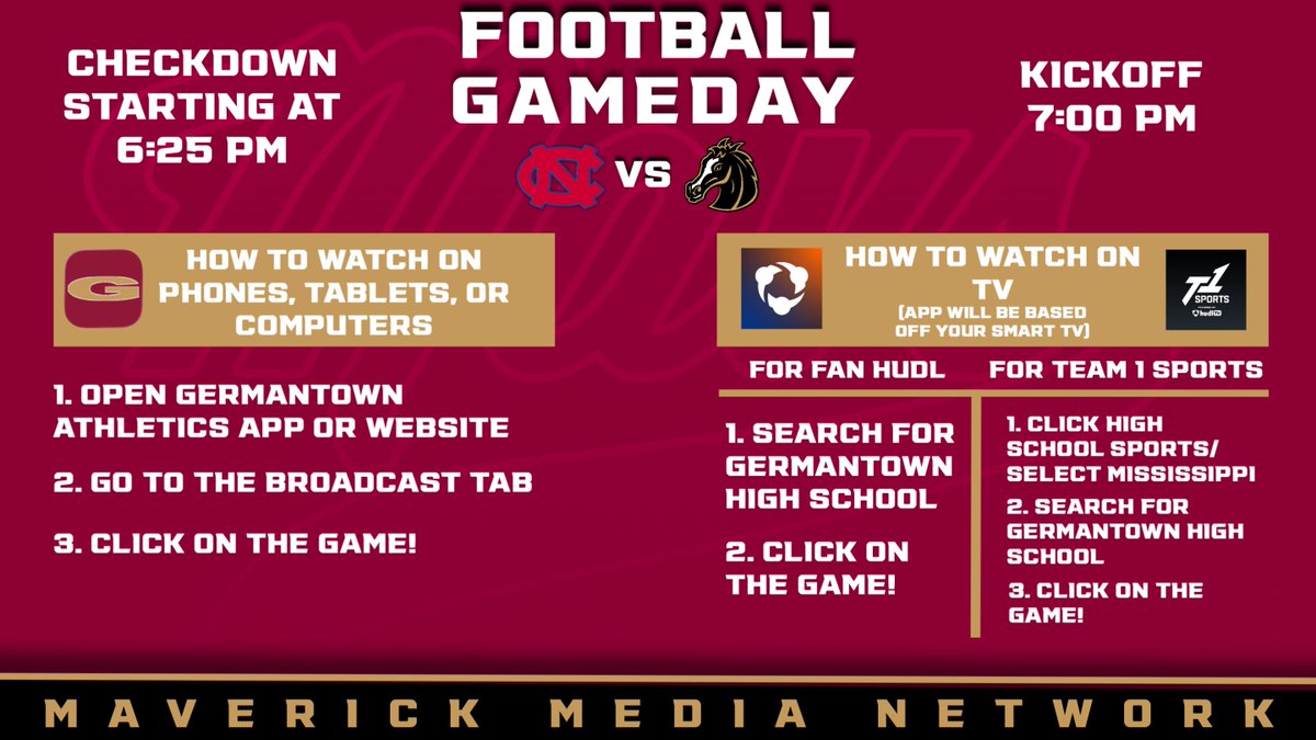 MavMediaNetwork's tweet photo. Maverick Media Network will be live-streaming the non-region matchup at Neshoba Central. The Checkdown with Coach Mitchell will start at 6:25. @ghsmavericks #gomavs https://t.co/UDcKRN16mB