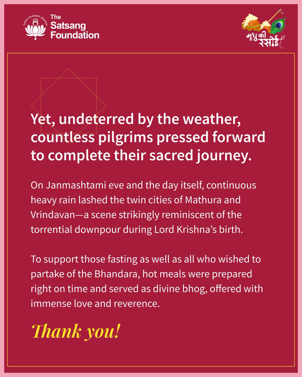 SatsangTweets's tweet photo. To know more about #MadhuKiRasoi, write to connect@satsang-foundation.org.
#TheSatsangFoundation #SriKrishnaJanmashtami #CommunityKitchen #Bhandara #Celebration #Gratitude #Reverence #Mathura #Vrindavan https://t.co/KWRW5r2f0D