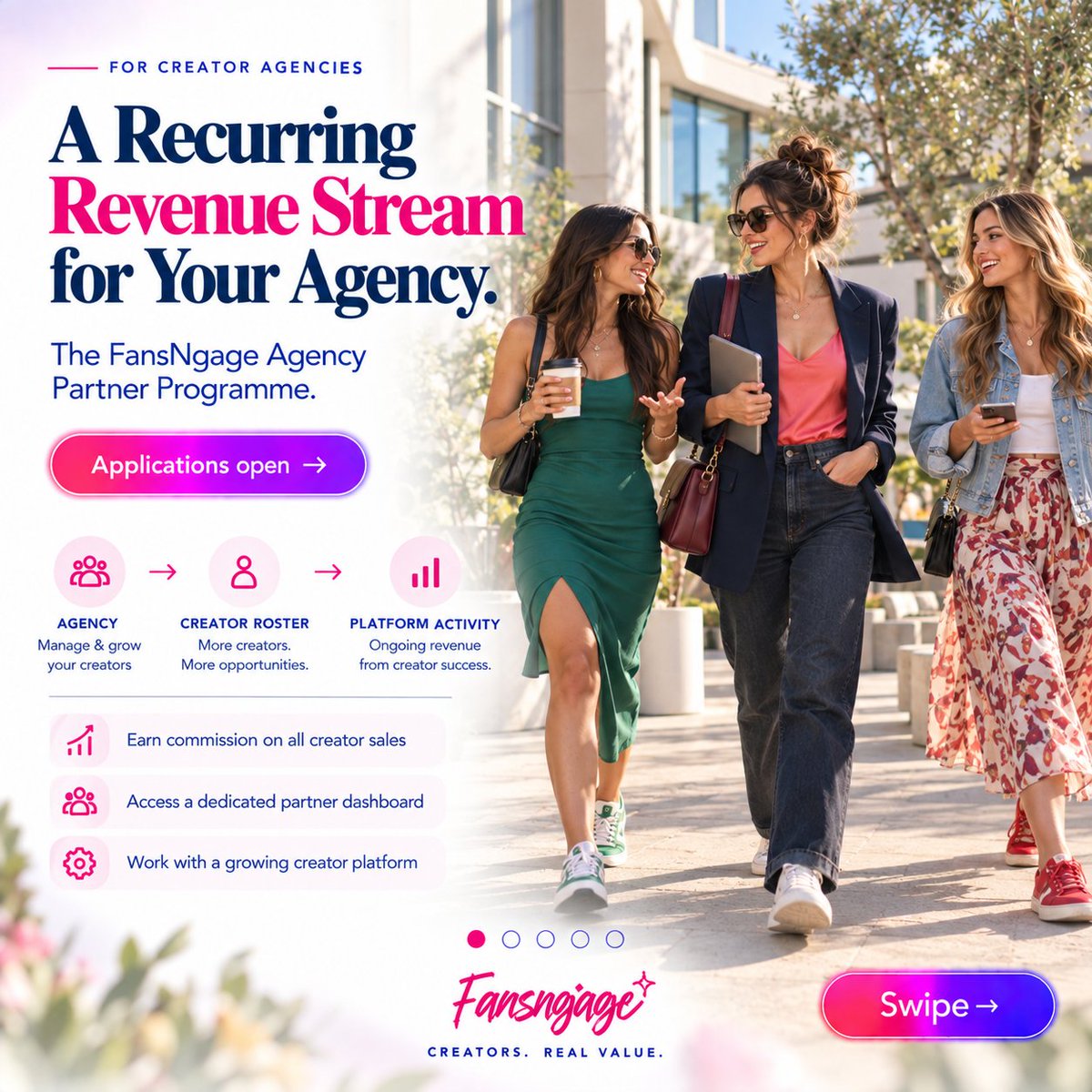 fansngage's tweet photo. Creator agencies and talent managers.

When your creators earn from fan subscriptions, your commission has always been zero.

FansNgage changes that.

Agency Partner Program:
���� Your referral link
👥 Invite creators
💰 Commission on subscriptions, PPV, tips
📊 Real-time tracking https://t.co/QvfKc88KEi
