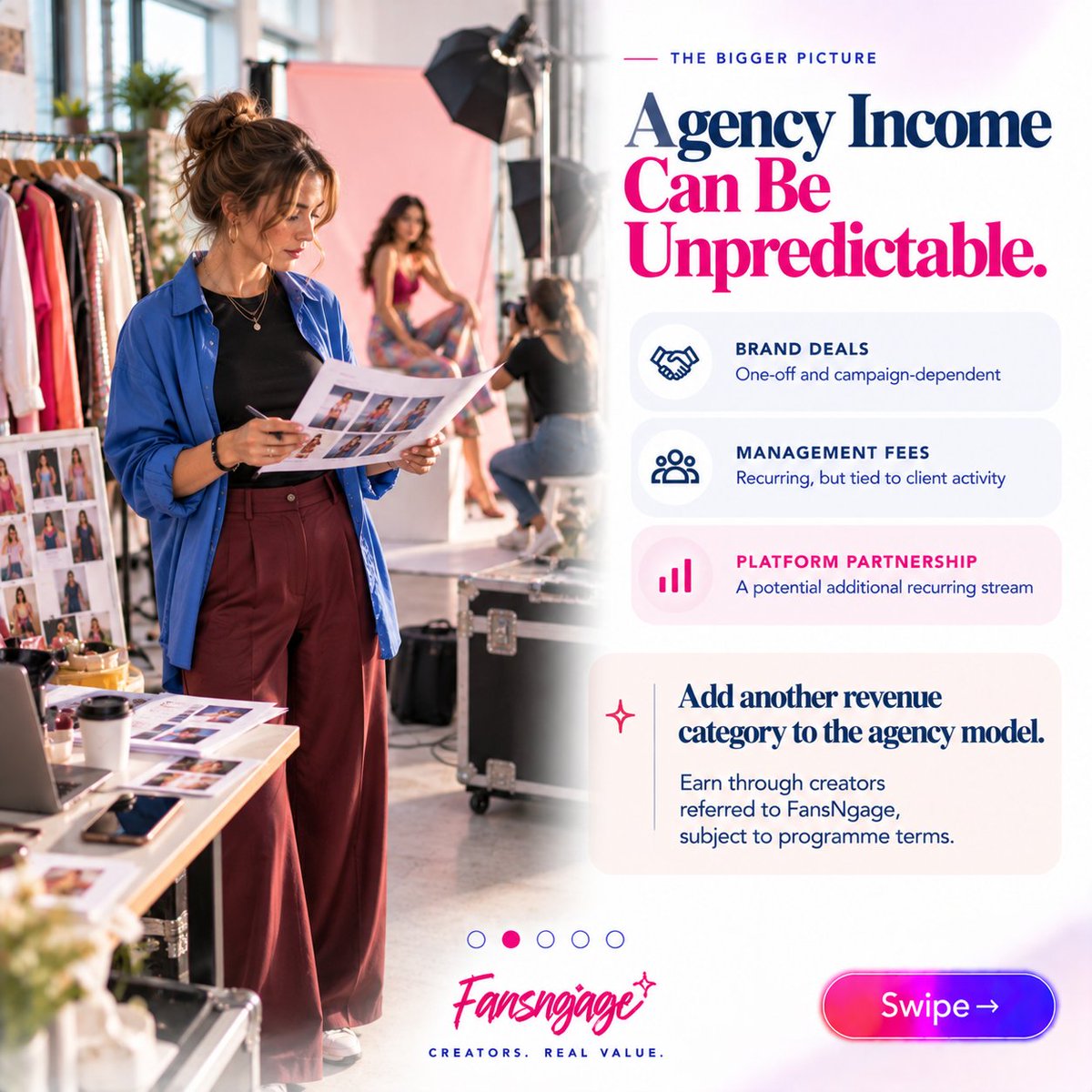 fansngage's tweet photo. Creator agencies and talent managers.

When your creators earn from fan subscriptions, your commission has always been zero.

FansNgage changes that.

Agency Partner Program:
���� Your referral link
👥 Invite creators
💰 Commission on subscriptions, PPV, tips
📊 Real-time tracking https://t.co/QvfKc88KEi
