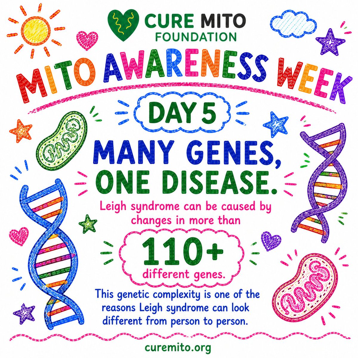 cure_mito's tweet photo. 💚 Mito Awareness Week — Day 5
One disease. More than 110 genes. 🧬 The genetic complexity of Leigh syndrome is one reason it can look so different from person to person.
#MitoAwarenessWeek #LeighSyndrome #CureMito https://t.co/oVzg05lw8i
