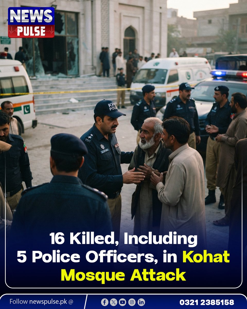 NewsPulsepk's tweet photo. At least 16 people, including five police personnel, were killed in an attack at a mosque inside Kohat Police Lines, KP. Police said an explosives-laden vehicle hit the facility during Friday prayers, followed by clashes. More than 50 people were injured.

#Kohat #KP #Pakistan https://t.co/foo2fNawC1