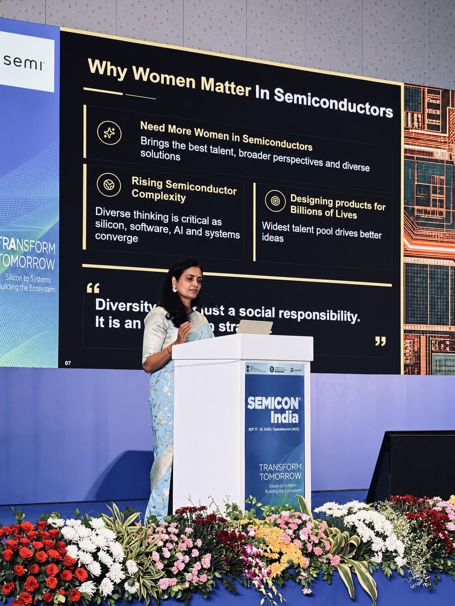 SEMIIndia's tweet photo. Women are shaping the future of electronics and semiconductors. 🇮🇳

As the semiconductor industry grows more complex, with silicon, software, AI and systems converging, bringing more women into the industry is critical. The focus must extend across the talent pipeline, especially as representation declines at senior levels.

— Jaya Jagadish, AMD

#SEMICONIndia2026 #Indiaspensable #SiliconToSystems