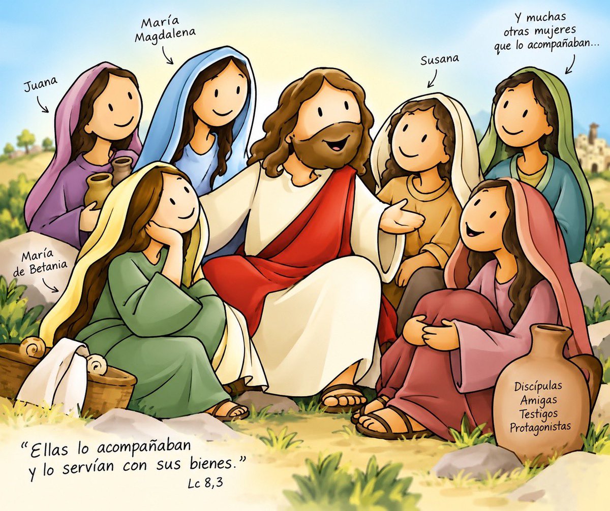 martinvalverde's tweet photo. EvDH:”Jesús recorría las ciudades y los pueblos, predicando y anunciando la Buena Noticia del Reino de Dios. Lo acompañaban los Doce
y también algunas mujeres”
Jesús no solamente dignificó a las mujeres: las hizo protagonistas y testigos de su misión.
Él las reconoce como parte de su discipulado. (María, la hermana de Marta a los pies de Jesús toma la posición propia de un discípulo ante su maestro.)
Ellas también acompañan, están, sostienen y permanecen junto a Jesús y su Obra.Lucas incluso dice que ayudaban a la misión “con sus bienes” (Lc 8,3).
Al final, la presencia de la mujer se vuelve Vital. Ellas permanecen al pie de La Cruz, y a pesar de todo, hacen guardia frente al Sepulcro, por lo que terminan siendo las primeras en testimoniar la Resurrección. 
Siendo que en aquellos tiempos la mujer no podía ser testigo de nada, no se le permitía dar testimonio, y es justo a ellas, quien Jesús confía la noticia de su Resurrección.
Hoy damos gracias por todas aquellas Mujeres que han sido testigos de su Amor y de su luz en nuestras vidas, agradecemos a Dios su increíble fortaleza envuelta en su fragilidad, (que para nada es sinónimo de debilidad).
Pedimos al Espíritu Santo que nos dé la conciencia y la sabiduría de entender este llamado de Jesús a la dignidad total en hombres y mujeres, que se vuelva realidad aquel versículo de San Pablo donde todos somos uno en Cristo, sin más tema que agregar o conversar:
“Por lo tanto, ya no hay judío ni pagano, esclavo ni hombre libre, VARÓN ni MUJER, porque todos ustedes no son más que uno en Cristo Jesús.”Gálatas 3,28