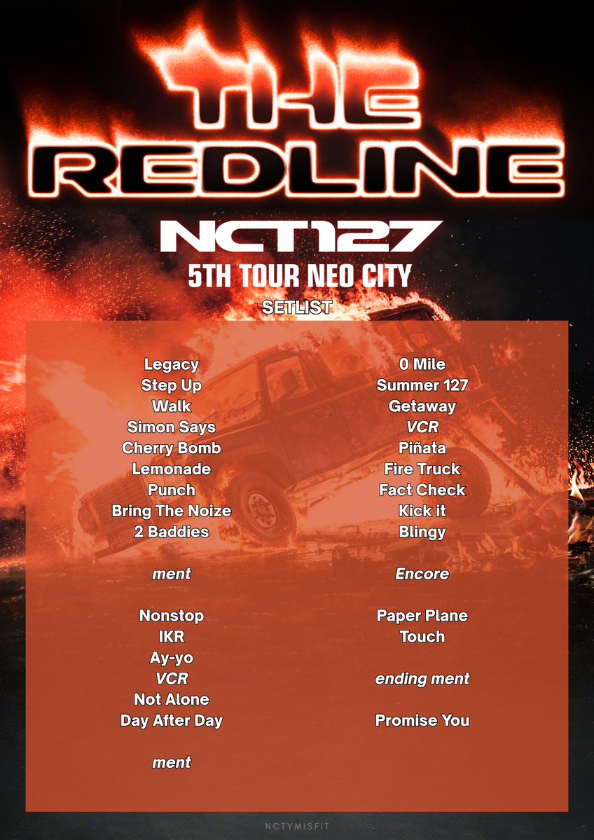 nctymisfit's tweet photo. #NCT127 The Redline Setlist 

#THE_REDLINE
#NCT127_5TH_NEOCITY_THE_REDLINE https://t.co/gNiAFIEtoc