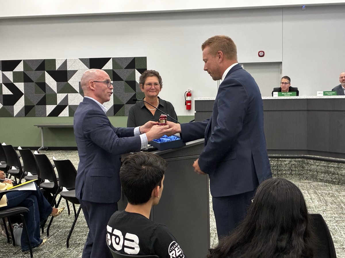 MASASupts's tweet photo. Congrats to Ben Mainka, Supt of @NCSD, MASA’s 2026-27 Board President! Dr. Tina Kerr, MASA Executive Director, and  Tom Livezey, Supt of Oakridge Public Schools and Past-President, joined the Novi BOE meeting for the annual "passing of the gavel". #MASALeads #miched https://t.co/MvaJrCSsx1