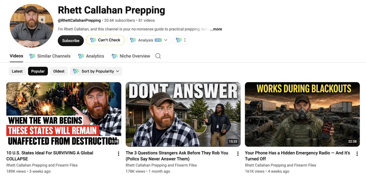 SubscribrAI's tweet photo. NICHE LEAK

He didn't swap a word. He spliced two winning titles into one.

Rhett Callahan. 20,600 subs, 81 videos, 2 million views. Prepping.

Watch the order this happened in.

Sep 5: "7 Products That'll Be WORTH MORE THAN GOLD When Society Crumbles" — 114,000 views. 4.4x his average.

Sep 10: "9 CHEAP Items at Tractor Supply Experienced Preppers Stockpile in BULK" — 71,000.

Two winners, two different reasons. One works because of the doomsday line. One works because of the store name.

Sep 17, yesterday: "7 CHEAP Items at Tractor Supply That'll Be WORTH MORE THAN GOLD When Society Crumbles" — 85,000 views in 20 hours.

He took the good half of each and welded them together.

Everyone else in this game reruns a winner with a new noun. This is a level up. You keep the phrase that pulled, you keep the phrase that pulled from the other video, and you ship the combination.

The Tractor Supply part is doing more work than it looks. It's a real store his audience already drives past. Not "cheap items." A specific place with a parking lot.

81 videos. A 25,000 view floor. No links, no product, pure AdSense.

Stop asking which title won. Ask which half of it won.

You can run the whole thing in Subscribr. Idea, script, thumbnail, avatar, finished video, every channel in one place.

Link in bio.