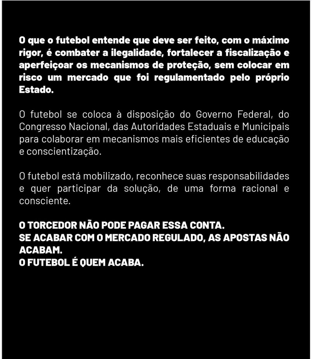 EduGiraoOficial's tweet photo. TERRORISMO CLUBÍSTICO!
Os clubes de futebol,q nunca precisaram de casas de apostas,estão agora viciados em Bets assim como um número cada vez maior de brasileiros q tem a vida devastada c/jogatina.Em vez de se reinventaram no esporte q deveria unir e potencializar uma vida saudável  querem continuar no caminho mais fácil e q tá matando a “galinha dos ovos de ouro”;o próprio torcedor!Esse roteiro de destruição coletiva precisa ser interrompido ou aí sim,será o azar do futebol p/sempre q tem sofrido até c/escândalos de manipulações p/apostas.Chega da praga das Bets!Paz & Bem