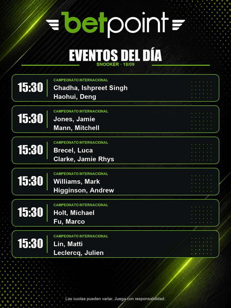 gobetpoint's tweet photo. 🔥 Agenda deportiva del 18 de septiembre 🔥
Fútbol, baloncesto, hockey hielo y snooker para una tarde cargada de deporte.
Desliza para consultar todos los partidos y horarios. ¿Cuál vas a seguir?
#BetPoint #EventosDelDía #Fútbol #Baloncesto #HockeyHielo #Snooker https://t.co/4ji68t7grk
