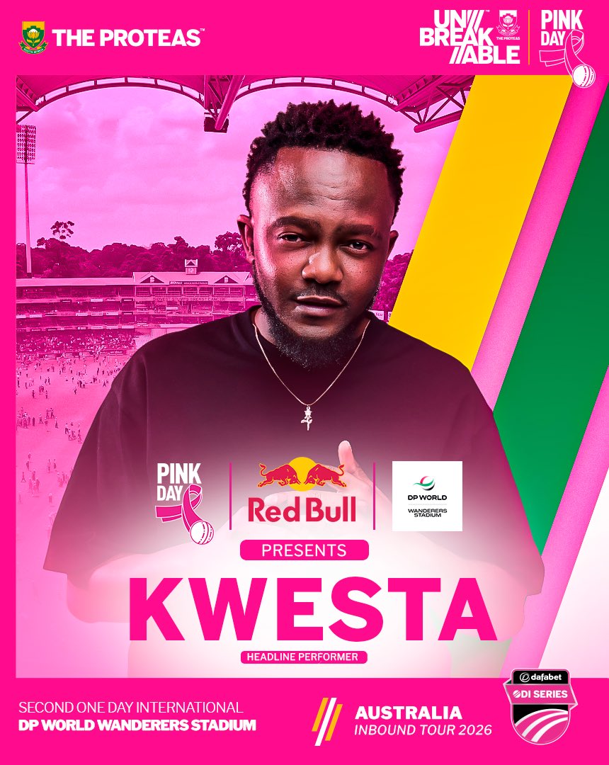 ProteasMenCSA's tweet photo. Pink Day Just Got Louder! 💗🔊

Bring the energy because Kwesta will be taking the stage as our headline performer at DP World Wanderers on September 27th for Pink Day! 🎤🇿🇦

Cricket, music and an unforgettable atmosphere are coming together for one massive day at the Bullring. 🏏✨

You do NOT want to miss this! 👀

🎟️ Get your tickets now at https://t.co/0JX6zZHS1C

#PinkDay #TheProteas #Unbreakable