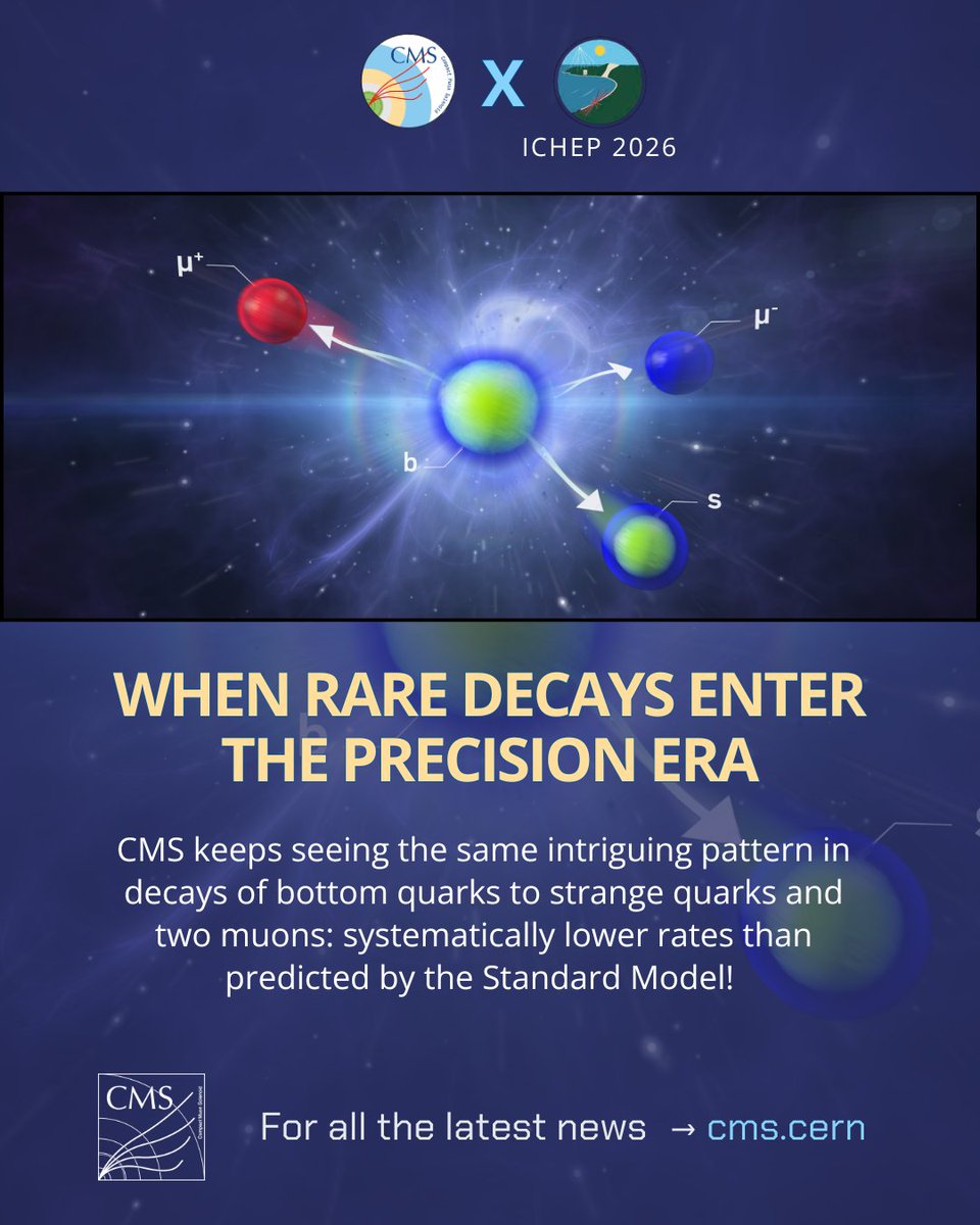 CMSExperiment's tweet photo. When rare decays enter the precision era...
The CMS collaboration CERN keeps seeing the same intriguing pattern in decays of bottom quarks to strange quarks and two muons: systematically lower rates than predicted by the Standard Model! 
👉Read more https://t.co/WzG6cb1moN https://t.co/OfwHVuRaT6