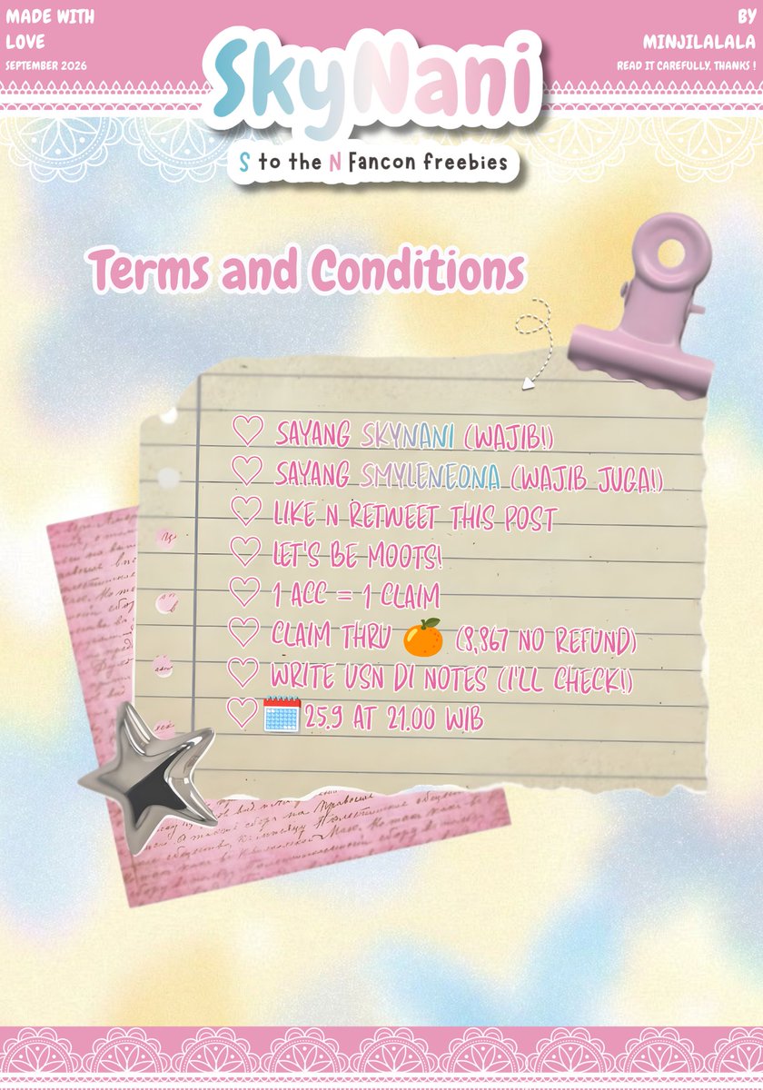 minjilalala's tweet photo. 🧭a #SkyNaniSToTheNFancon bedazzling freebies🩵🩷✧˖°.
by @minjilalala 

🗓️25/09/2026 (21.00 WIB)
Swipe to see the TnC -> 
Link co: https://t.co/jdQT0jZoEX

Enjoy the show tomorrow Plamor !!!, semoga lancar-lancar fanconnya 💗💗💗
#SkyNani https://t.co/navxTpqZop