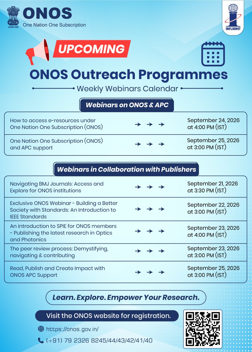 INFLIBNET's tweet photo. Expand Your Research Horizons with ONOS. Register for the ONOS Outreach Webinar Series
#ONOS #OneNationOneSubscription #INFLIBNET #APCSupport #ONOS #OneNationOneSubscription #INFLIBNET #HigherEducation #ScholarlyCommunication #Research #AwarenessProgramme #ONOSoutreach https://t.co/KAhb1JItgD