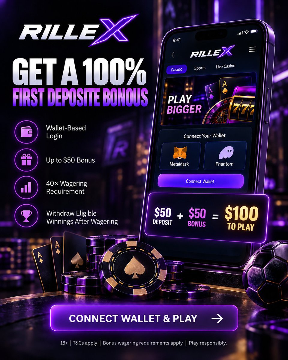 RillexDigital's tweet photo. Connect your wallet. Make your first deposit. Get a 100% bonus up to $50. π°π
β
MetaMask & Phantom
β
Wallet-based access
β
40Γ wagering requirement
β
Withdraw eligible winnings after wagering
Play now: https://t.co/9delT7gAhW
18+ | T&Cs apply | Play responsibly.
#Rillex #CryptoCasino #CasinoBonus #CryptoGaming #MetaMask #PhantomWallet #OnlineCasino