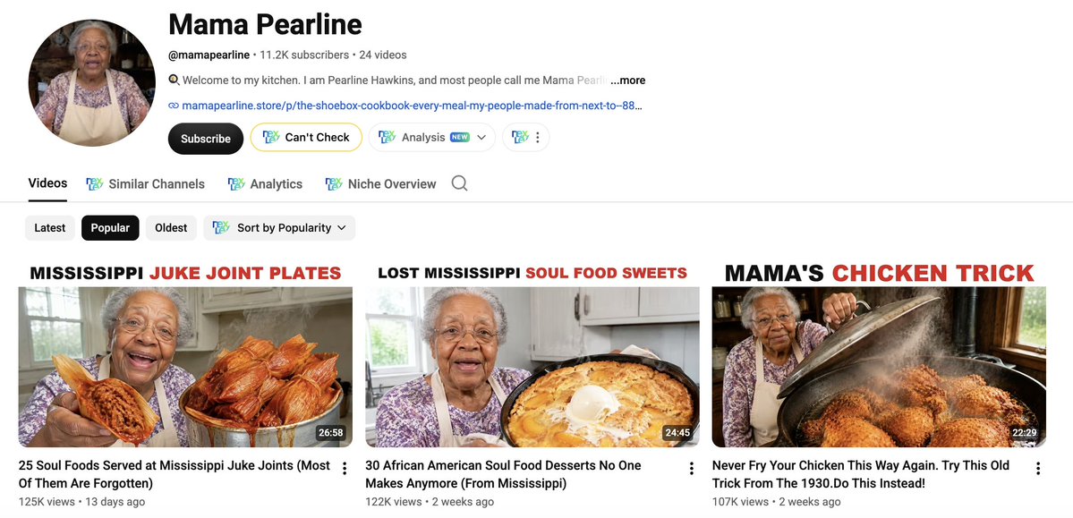 SubscribrAI's tweet photo. NICHE LEAK

Two soul food grandmas launched within weeks of each other. One is at 171,000 views. The other is at 894,000.

Mama Pearline. 11,200 subs, 24 videos, 894,000 views. Six weeks old. Born in Bolivar County, Mississippi, 1950. "Everybody left. I stayed."

She runs two formats at once, and that's the whole difference.

The first one is the copy-paste format everybody in this niche is running right now.

"Never Fry Your Chicken This Way Again. Try This Old Trick From The 1930s" — 107,000 views.
"Never Make Biscuits This Way Again. Try This Old Mississippi Soul Food Trick Instead" — 61,000 in 16 hours.

Fine. It works. Everyone has it.

The second one is hers, and it's bigger.

"25 Soul Foods Served at Mississippi Juke Joints (Most Of Them Are Forgotten)" — 125,000.
"30 African American Soul Food Desserts No One Makes Anymore" — 122,000.
"25 Dishes From Black-Owned Diners of the South That No Longer Exist" — 73,000.
"30 African American Breakfasts Only Your Grandparents Knew" — 90,000.

Read the parentheses. Forgotten. No longer exist. No one makes anymore. Only your grandparents knew.

That's not a cooking video. That's grief. The click isn't "teach me," it's "I don't want this to disappear."

And she dropped five of these on the same day, Sep 4. Four of them are outliers.

The other grandma I looked at copied three titles straight from a different channel and got 16K, 23K and 31K.

Copy the format. Then find the one nobody else has.

24 videos. Six weeks. A 37,000 view floor and a cookbook in the bio.

You can run the whole thing in Subscribr. Idea, script, thumbnail, avatar, finished video, every channel in one place.

Link in bio.
