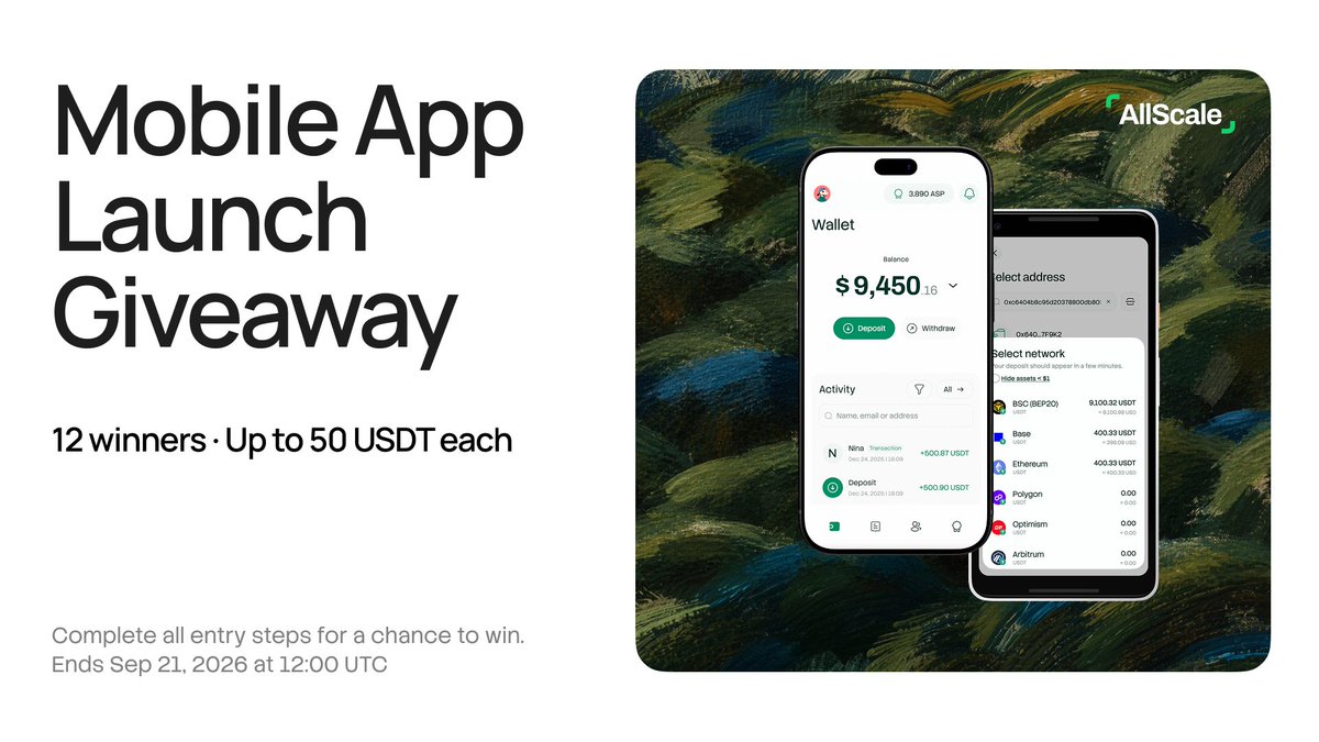 allscaleio's tweet photo. We're celebrating the AllScale mobile app launch with a 200 USDT giveaway 🎉

12 winners:
🏆 2 × 50 USDT
🎁 10 × 10 USDT

Closes Sep 21 at 12:00 UTC.

How to enter ↓ https://t.co/xlmLqshbBw