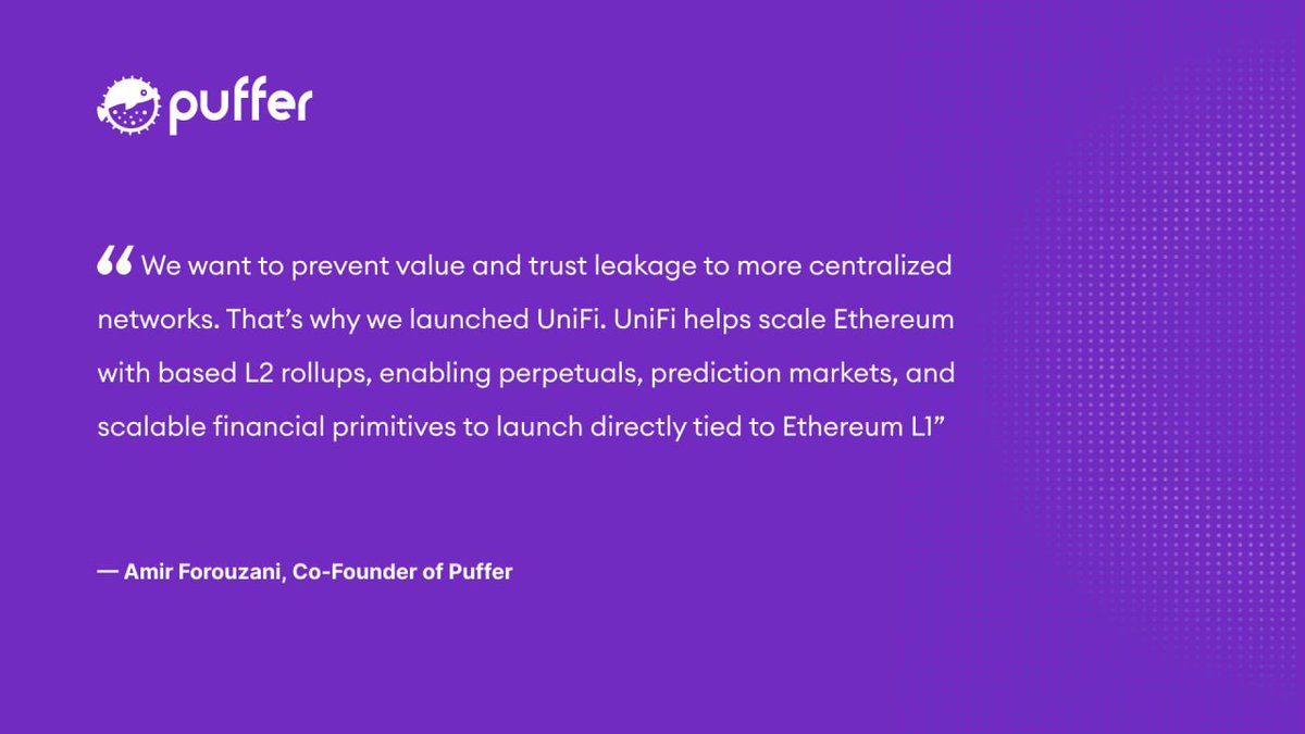 puffer_finance's tweet photo. More scale, less fragmentation. Still Ethereum.

Puffer co-founder @amironchain on building @puffer_unifi around based rollups and Ethereum L1 ↓ https://t.co/2odZXeBD3h