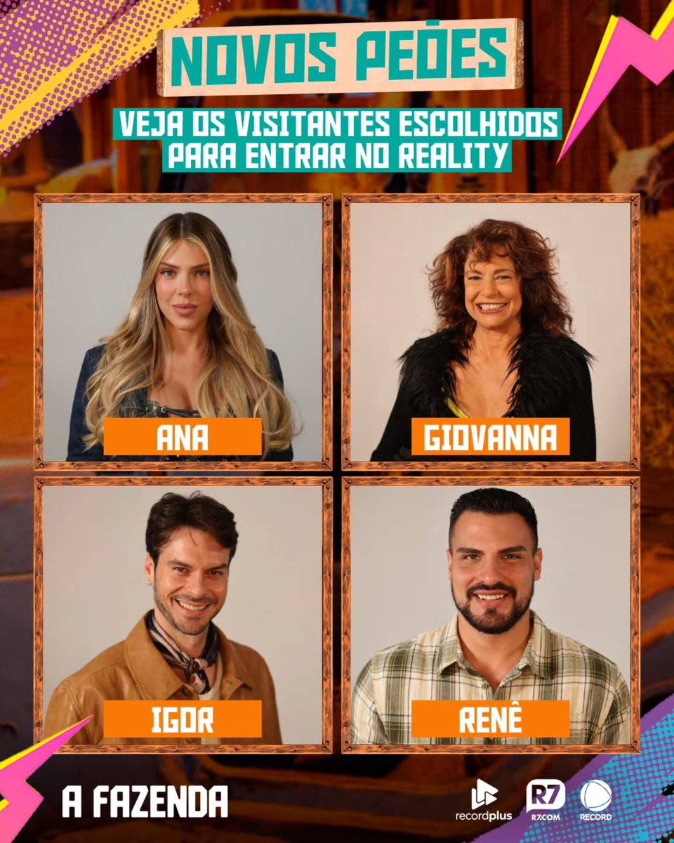 recordtvoficial's tweet photo. Agora é oficial! 🔥 Após uma votação no https://t.co/Gd5A9ttDM9, Ana, Giovanna, Igor e Renê abandonam o posto de Visitantes e entram no jogo como Peões 🤠

Acesse https://t.co/2pOBEIWbAy para assistir à transmissão 24 horas de #AFazenda com sete sinais exclusivos 🔥 https://t.co/55xYfr5mpI