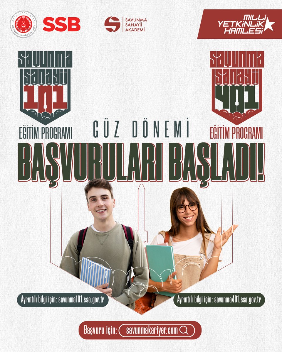 atukariyer's tweet photo. Hem Teknik Hem de Sosyal Bilimler Öğrencilerine Yönelik;  Savunma Sanayii Eğitim Programlarının Başvuruları Başladı! 
Başvuru yapmak için: https://t.co/LsAieMUZgj  Şehit ve gazi yakınlarımız için program kontenjanının %5’i özel olarak ayrılmıştır. #MilliYetkinlikHamlesi https://t.co/gnM46730gq