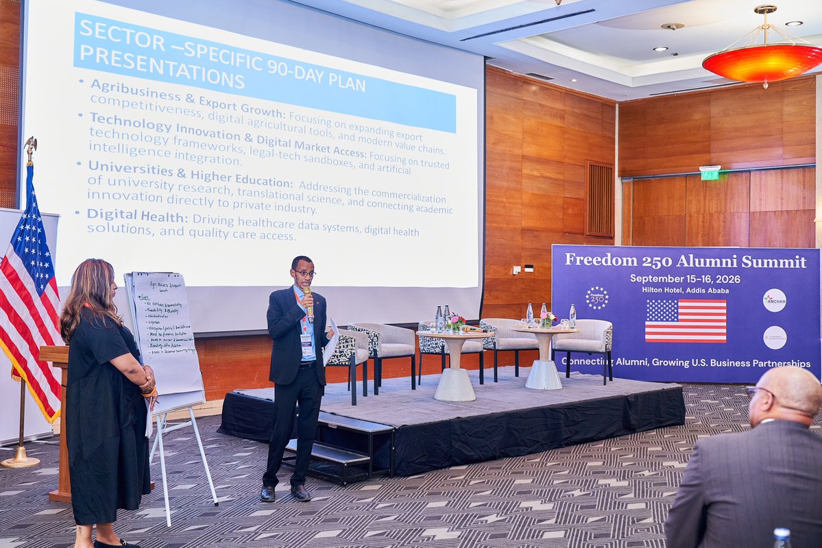 USEmbassyAddis's tweet photo. Two days, 120 alumni, one clear message: Ethiopia's exchange alumni are ready to do business. The Freedom 250 Alumni Summit closed today in Addis Ababa with concrete 90-day action plans across agribusiness, technology, higher education, and digital health — built under the guidance of facilitator Dr. Walter McCollum.

Chargé d'Affaires Catherine Rodriguez capped the Summit by presenting the inaugural Alumni Impact Award to three recipients honored for engaging the alumni network, driving lasting impact from their exchange programs, and growing local businesses that strengthen commercial ties to the United States.

"As alumni, you bring deep knowledge of the Ethiopian market, trusted professional networks, and the ability to connect local opportunities with American businesses and institutions," Rodriguez said. "Now comes the most important part: implementation."
Regional alumni chapters will hold monthly check-ins over the next three months to keep these plans on track.

Thank you to our @USalumnieth, U.S. companies, @AmChamEthiopia, @EthioInvestment, the Addis Ababa Chamber of Commerce, and @ESXEthiopia for two days that turned connections into commitments.  https://t.co/alWJ4t3U0J

@StateIVLP 
#Freedom250 #USinEthiopia #ExchangeAlumni #Fulbright #MandelaWashingtonFellowship #IVLP #HumphreyAlumni