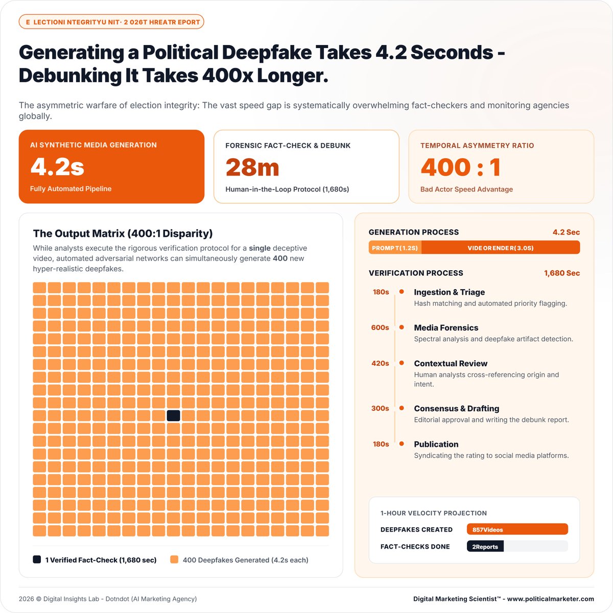 PoliMarketer's tweet photo. Political deepfakes can be generated much faster than they can be verified.

The threat model shown:
• Generation: 4.2 seconds
• Fact-checking: 28 minutes
• Modeled gap: 400:1

#PoliticalDeepfakes #Deepfakes #ElectionIntegrity #SyntheticMedia #FactChecking #AI https://t.co/xRT4WDX1Vy