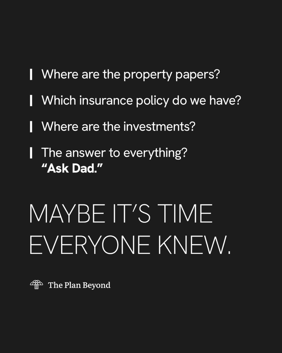 ThePlanBeyond's tweet photo. We live in a world where staying connected has never been easier. Yet when it comes to the things that matter most, families often rely on one person to know it all.​
The property papers. The insurance policies. The investments. The important decisions. The stories behind them. https://t.co/GNdero28Df